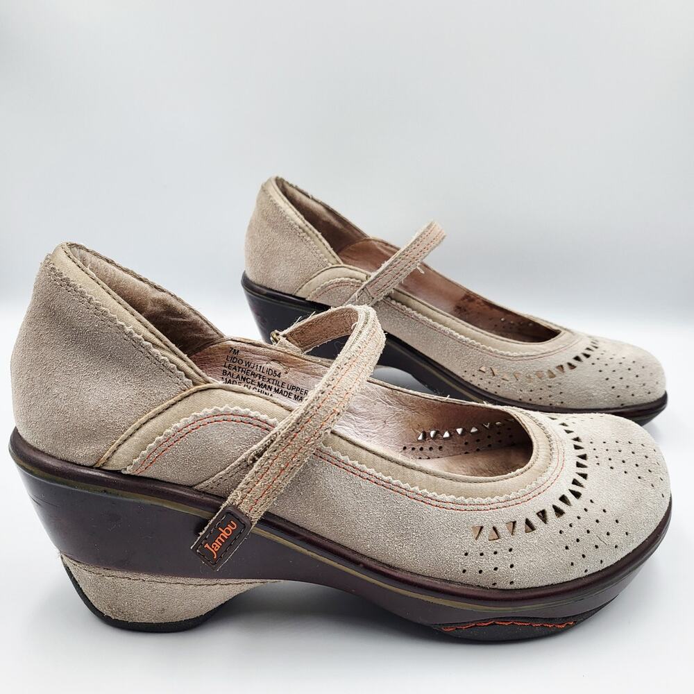Jambu Lido Gray Beige Brown Orange Trim Suede Mary Jane Wedges Women's Size 7 - Picture 2 of 11